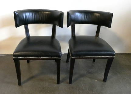 Ralph Lauren Clivedon Dining Chair (Pair): RL Number: 1807-28-62. In this modern interpretation of the ancient Greek klismos chair the signature saber legs are macassar ebony and the curved chair back is lined in luxurious black leather. Dimen