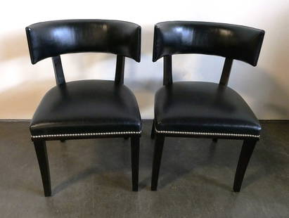 Ralph Lauren Clivedon Dining Chair (Pair): RL Number: 1807-28-62. In this modern interpretation of the ancient Greek klismos chair the signature saber legs are macassar ebony and the curved chair back is lined in luxurious black leather.