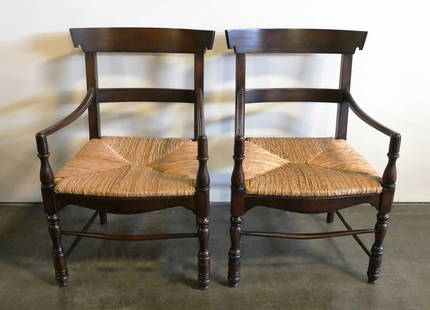 Ralph Lauren Marseilles Arm Dining Chair (Pair): RL Number: 1302-27-73, Finish: Marseilles Walnut, Dimensions: W25 1/4" x D25 5/16" x H38 1/2", Arm height 26 5/8", Seat height 18", Materials: Rush seat, Sycamore solids This item will need to be