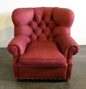 Ralph Lauren Writer's Chair (Leather: Wine): RL Number: 913-03. Finish: Antique Mahogany. Standard Features: Box-edged seat cushion, Tufted back, Arm caps, Welt trim around base, Bun feet, Nail trim. Dimensions: W41"x D41"x H37” This item