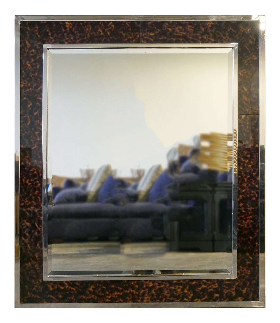 Ralph Lauren Randolph Mirror: The Randolph Mirror in faux tortoise shell is a beveled mirror surrounded by a classic frame with polished steel trim. dimensions 43"W x 2-1/2"D x 50"H. This item will need to be shipped by a packing