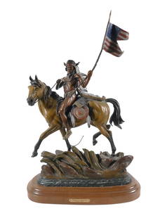 DUSTIN PAYNE Winds of Change Bronze: Dustin Payne "Winds of Change" Native American bronze. Indian on horseback with a Civil War era American flag. Approx. 17-1/2" wide x 27-1/4" tall x 9" wide, including swivel base. Approx. 34 lbs.