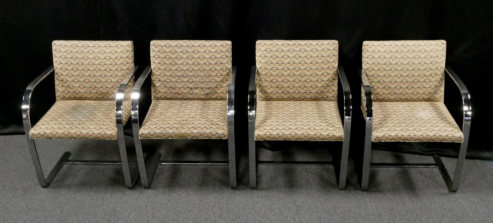 KNOLL Flat Bar Brno Chairs Set of 4: Set of four mid century modern 20th C. MCM vintage chrome frame dining chairs. In the style of Knoll Flat Bar Brno chairs designed by Ludwig Mies Van Der Rohe. Set was reupholstered in 1994. Overall a