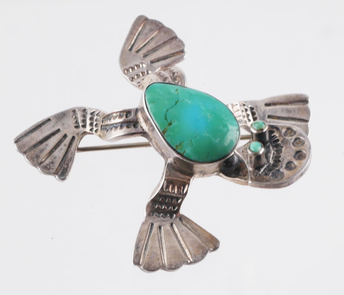 Federico Jimenez 925 Turquoise Mexican Pin: Mexican sterling silver figural pin in the form of a stylized frog with a turquoise body and eyes. Brooch is marked with conjoined JF mark for Federico Jimenez and sterling. 15 g tw, 1-3/4"L x 1-5/8"W