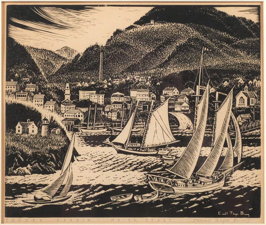 CARROLL THAYER BERRY Camden Harbor Engraving: Engraving on paper of Camden Harbor, Maine Coast by artist Carroll Thayer Berry, signed and titled in pencil below image. Image measures 10" x 12-1/4", frame measures 18-1/2" x 20". This item will nee