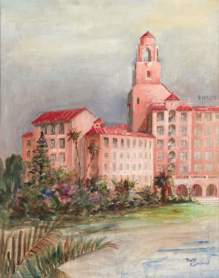 Beth GARLAND Florida Painting of Vinoy Hotel: Painting on canvas of the Vinoy hotel in St. Petersburg, FL by the artist Beth Garland, signed lower right. Images measures 19-1/2" x 15-1/2". This item can be shipped in-house.