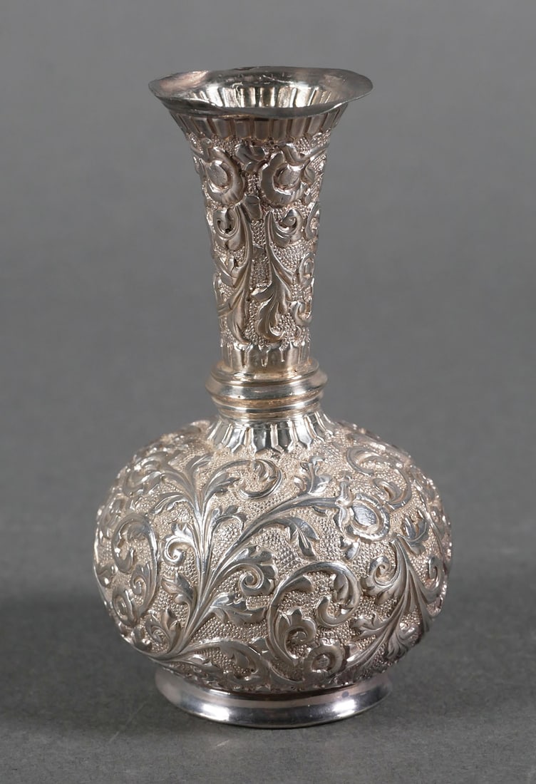 Antique Silver Repousse Cabinet Vase: Antique silver repousse vase. Marked on bottom "V.K". Likely silverplate. Approx. 3-1/4" tall. This item can be shipped in-house.