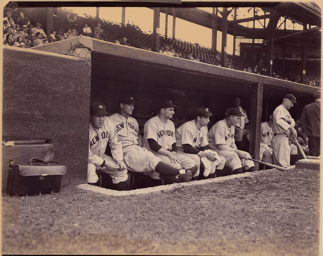 LOU GEHRIG Joe Dimaggio, Original Negative: Original, extremely rare 4" x 5" negative, with 8" x 10" print of players in the New York Yankees dugout, circa late 1930s, picturing Lou Gehrig and Joe Dimaggio, as well as Joe McCarthy, Joe Glenn an