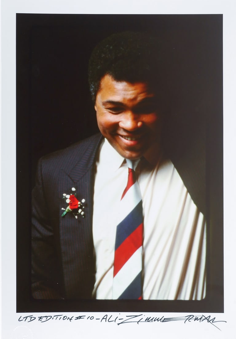 MUHAMMAD ALI, Photo by Dick Zimmerman: Muhammad Ali photograph, signed by Dick Zimmerman, limited edition #10, titled "Ali." Blind stamped. Digital print from original transparency. Measures 22-1/2" z 15-5/8". Unframed. Provenance: Directl