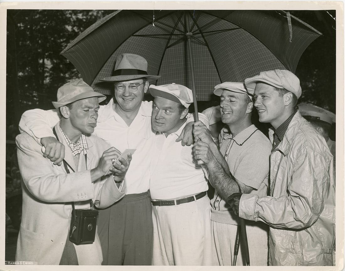 FRANK SINATRA, Harris & Ewin VTG Photo: Vintage press print, Globe Photos, 8" x 10" black and white silver gelatin photograph with Frank Sinatra at celebrity golf tournament, see back of photograph. Provenance: From the Celebrity Vault and 