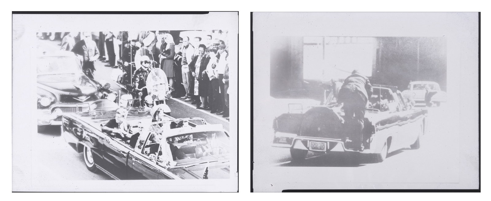 Walt Cisco Photo & Negative JFK Assasination: 8" x 10" black and white prints and copy negatives (two different images) by Walt Cisco, working for Dallas Morning News. One pair photographs/negatives shows President Kennedy in the limousine in Dal