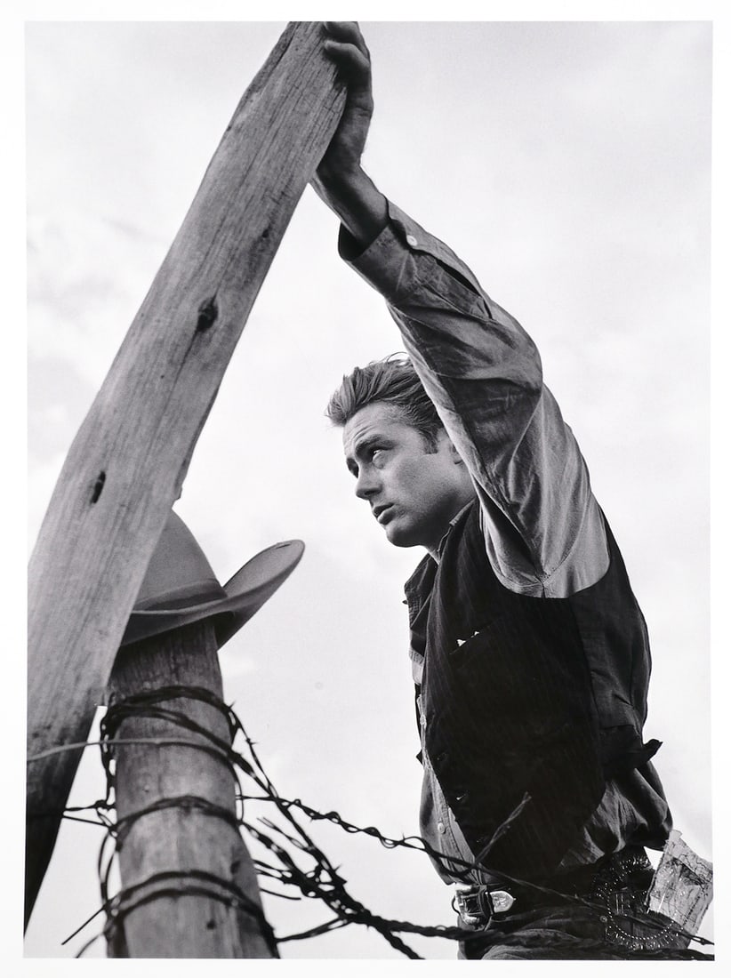 JAMES DEAN, Frank Worth Image: Vintage image, 16" x 12" black and white digital pigment print of James Dean on the set of "Giant," lower right corner blind stamp "Frank Worth Estate Limited Edition." Provenance: From the Celebrity