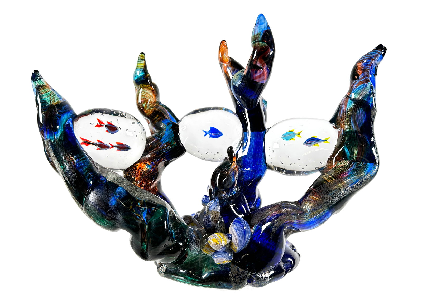 Large SEGUSO Viro Glass Fish Coral Sculpture: Stunning Murano art glass sculpture of fish in coral by Seguso Viro (founded by Archimede Seguso's son). Measures 18" wide, 14-1/2" high. This item will need to be shipped by a packing company of your