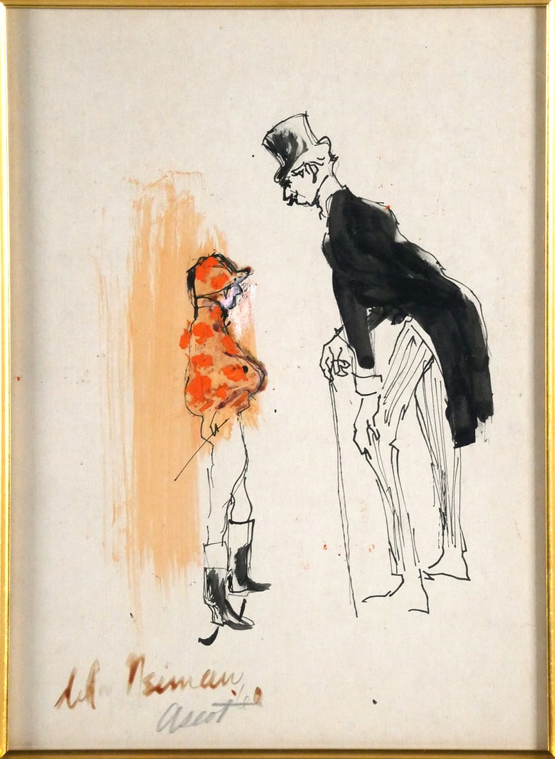 LEROY NEIMAN Original Painting "Ascot": Original Leroy Neiman ink and gouache on paper of a horse racing jockey and an English gentleman, signed and titled "Ascot" lower left. Measures 13" x 9-1/2" visible in 24" x 20" frame. Provenance: Co