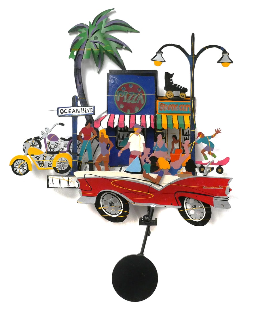 FREDERICK PRESCOTT Kinetic Sculpture: Iron kinetic sculpture titled "Girls Night Out," by Frederick Prescott (American, b. 1949). Car on pendulum, lighted. Numbered 1/60 on pendulum. Adapted for hanging on a wall. Measures 36" high x 27" 