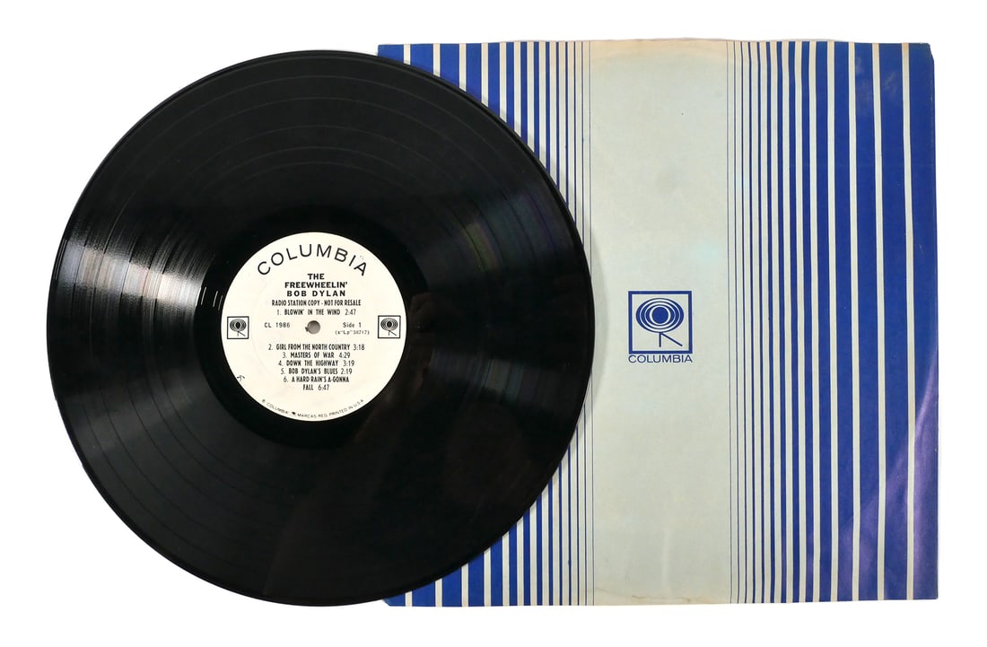 FREEWHEELIN BOB DYLAN, Radio Station Promo LP: Scarce and highly desirable Bob Dylan LP from 1963, a radio station promotional mono release of "The Freewheelin' Bob Dylan," with white label on front and "Demonstration, Not for Sale" stamp on verso