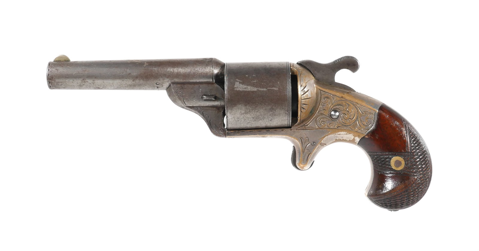 MOORE'S Teat Fire Revolver 32: Moore's Pat. Firearms Co. Brooklyn NY single action teat fire pocket revolver, 6-shot .32 caliber, round 3 1/4-inch barrel with fixed front sight. Cylinder is marked D. Williamson's Patent January 5,