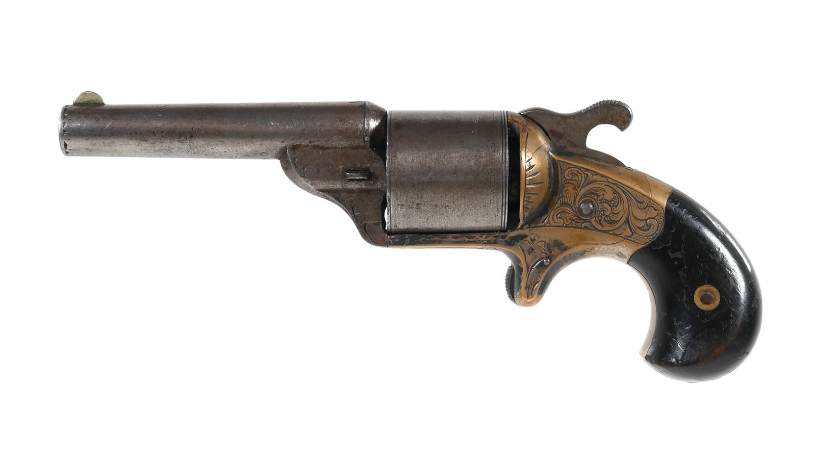 NATIONAL ARMS Co. Revolver 32: National Arms Co. Brooklyn NY single action teat fire pocket revolver, 6-shot .32 caliber, round 3 1/4-inch barrel with fixed front sight. Cylinder is marked D. Williamson's Patent June 5-May 17, 1864