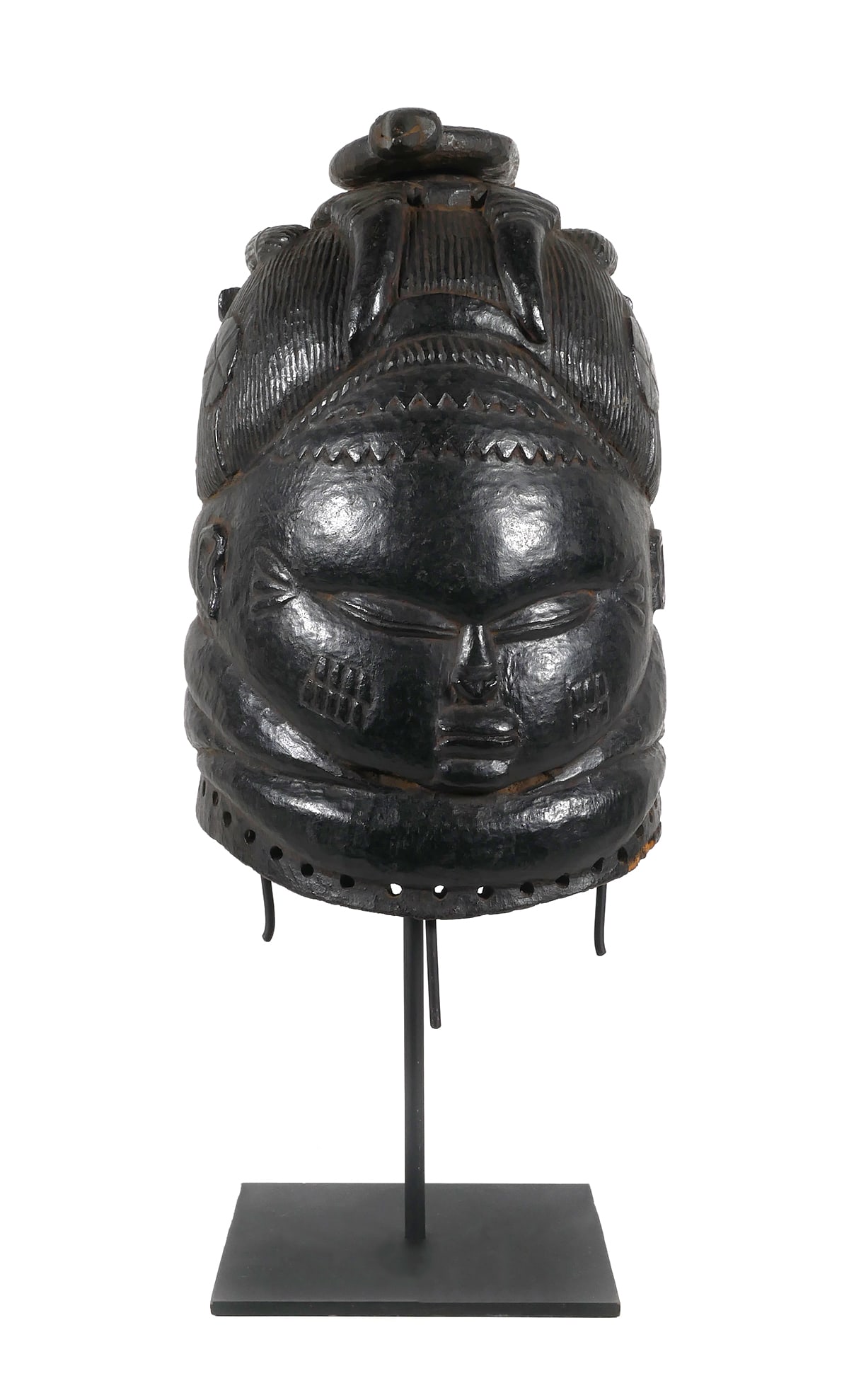Sowei African Helmet Mask Sande Association: Vintage hand carved wood mask depicting a human face having marks signifying scarification. Sande (aka bundu, bundo, bondo) association Sowei helmet form mask with display stand. Appears to be from th