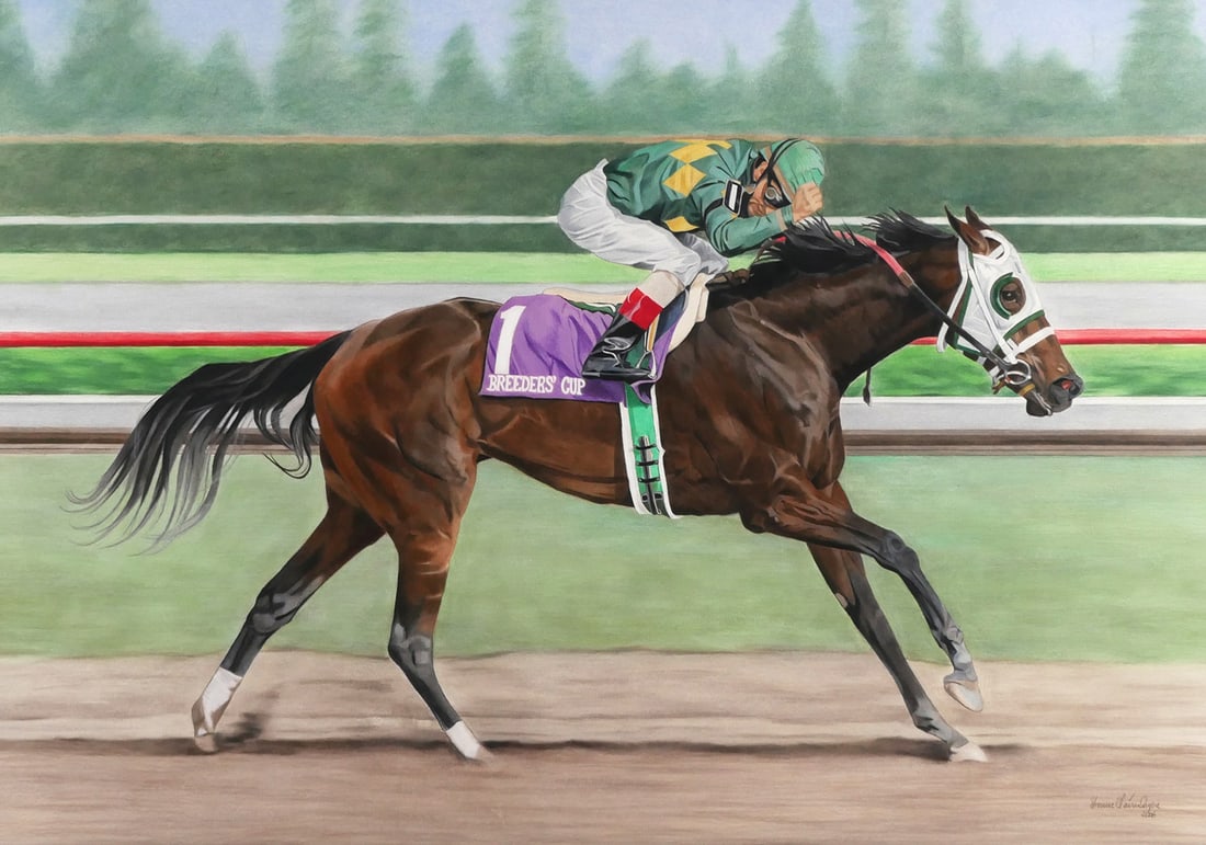 Breeder's Cup Champ CASH RUN, Orig Pastel: Original pastel painting, depicting Cash Run, winner of the 1999 Breeder's Cup Juvenile Fillies. (Cash Run's grandsire was Mr. Prospector.) In 2003, Cash Run set a world auction record for a broodmare