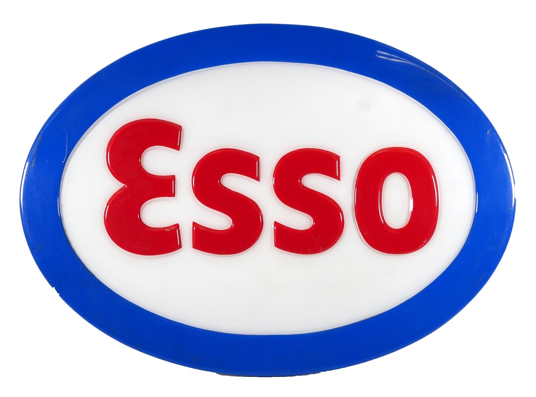 Vintage ESSO Gas Station Sign 42": Esso gas station advertising logo sign. Single sided, painted molded plastic. Oval sign measures approx. 42" x 30". This item will need to be shipped by a packing company of your choice. We maintain a