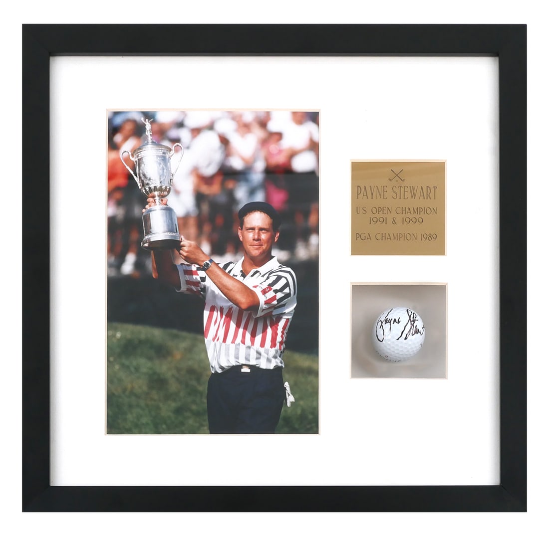 PAYNE STEWART Autographed Golf Ball & Photo: Payne Stewart PGA Champion 1989, US Open Champion 1991 & 1999 hand signed Top Flite Tour Z-Balata 90 golf ball with US Open image. Includes COA. Frame measures 14-3/4" x 14-1/4". This item can be ship