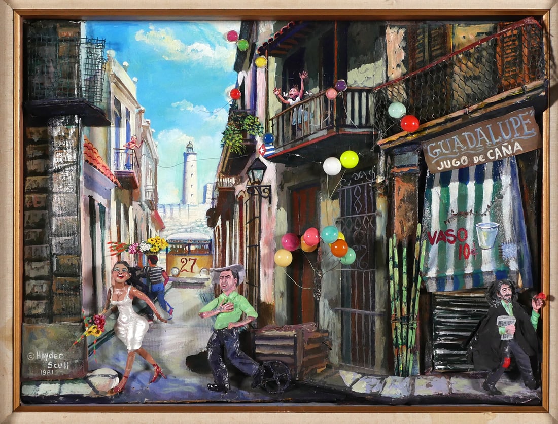 HAYDEE SCULL (1931-2007), Havana Artist: Dated 1981, elaborate mixed media 3-D painting of a whimsical Cuban street scene, signed Haydee Scull. Scull and her twin sister, Sahara, were active artists in Cuba during the 1960s, before emigratin