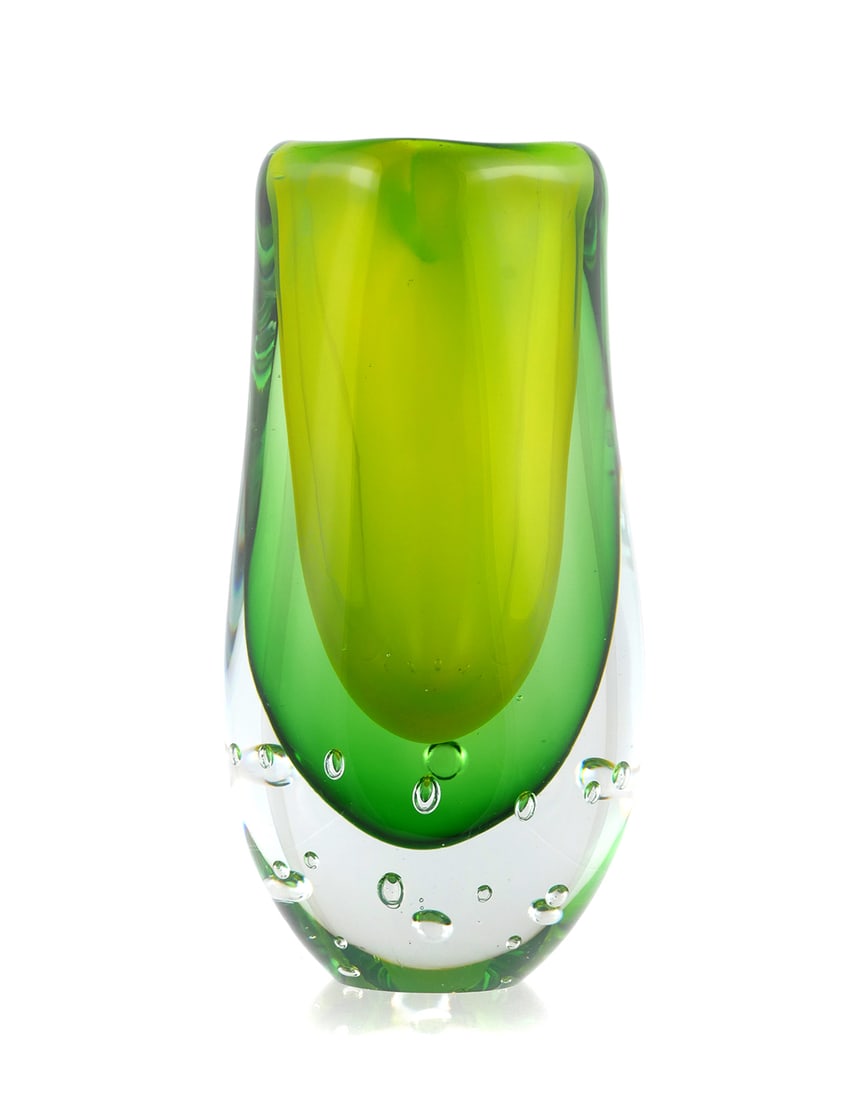 FLAVIO POLI Sommerso Murano Vase: Mid 20th century Italian art glass sommerso vase of acid green and dark green with controlled captured bubbles. Unsigned, in the style of Flavio Poli. 4"L x 8"H. This item can be shipped in-house.