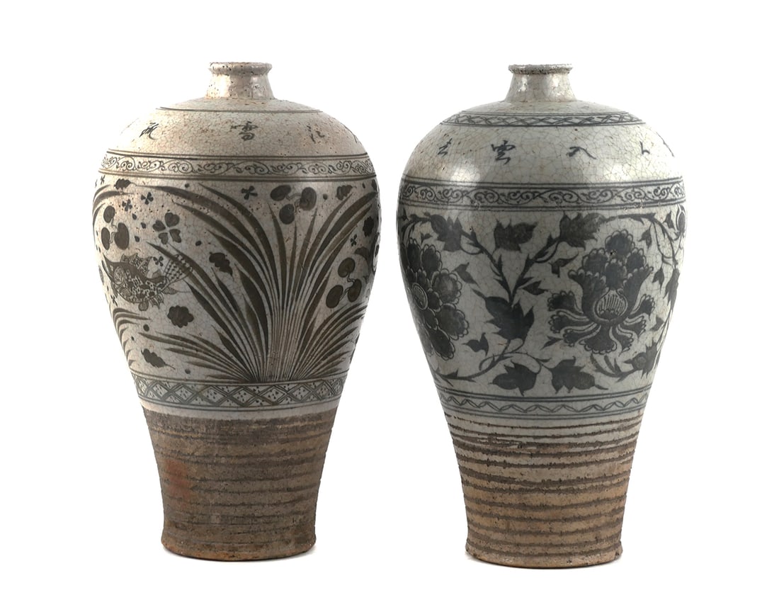 Pair Chinese Meiping Vases: Pair Chinese Meiping form ceramic vases, one having a fish motif and the other a flower design. Characters at neck. Both are approx. 17" x 9". This item will need to be shipped by a packing company of