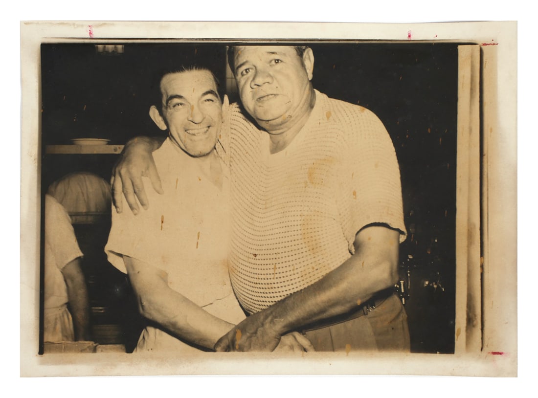 BABE RUTH Type I Candid Photo with James Donohue: One-of-a-kind original photograph of Babe Ruth, never published, with his arm around his friend, NJ restaurateur Jimmy Donohue. This 5x7 comes with the original Donohue's Restaurant souvenir folder. P