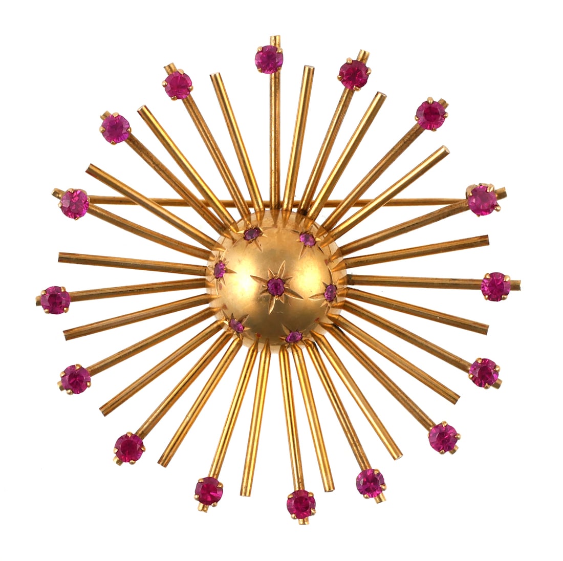 Rare Coro 10k Gold Pegasus Atomic Starburst Brooch: Vintage Coro Pegasus marked 10k gold brooch with 1960s atomic starburst design, accented with 23 pink sapphires (tested). About 2-1/8" diameter. Weighs 15.7 grams. This item can be shipped in-house.