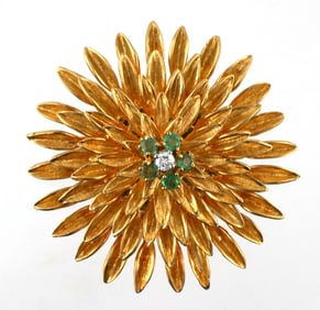 18K Gold Diamond Emerald Flower Pin