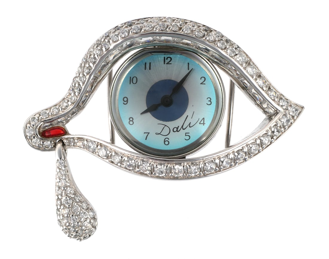 Salvador Dali EYE OF TIME Brooch Watch: Fabulous Salvador Dali brooch pendant watch. 2003 limited edition. Hard to find. Measures 2-1/4" wide. This item can be shipped in-house.