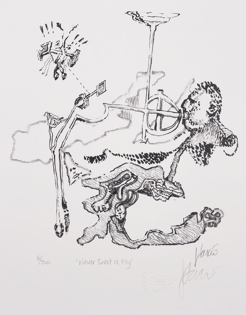 Jerry Garcia "Never Swat a Fly" Limited Ed 6/500: Original lithograph on paper by Jerry Garcia, titled "Never Swat a Fly", number 6/500. With certificate of authenticity. 11-1/2" x 13". This item can be shipped in-house.
