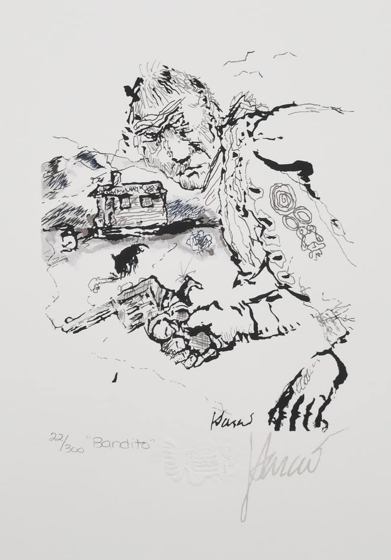 Jerry Garcia "Bandito" Limited Ed Print 22/300: Original lithograph on paper by Jerry Garcia, titled "Bandito", number 22/300. With certificate of authenticity. 11-1/2" x 13". This item can be shipped in-house.