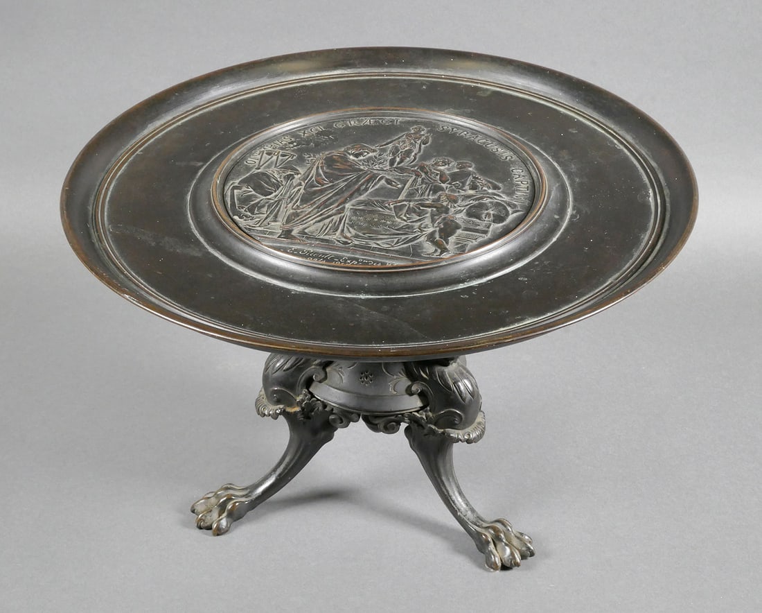 Antique EMAIL PICAULT Bronze Tazza 1863: French Neoclassical style mid 19th century patinated bronze. Circular dish illustrating the Athenian captives of Syracuse, inscribed along the lower edge E. Picault and stating that it was created for