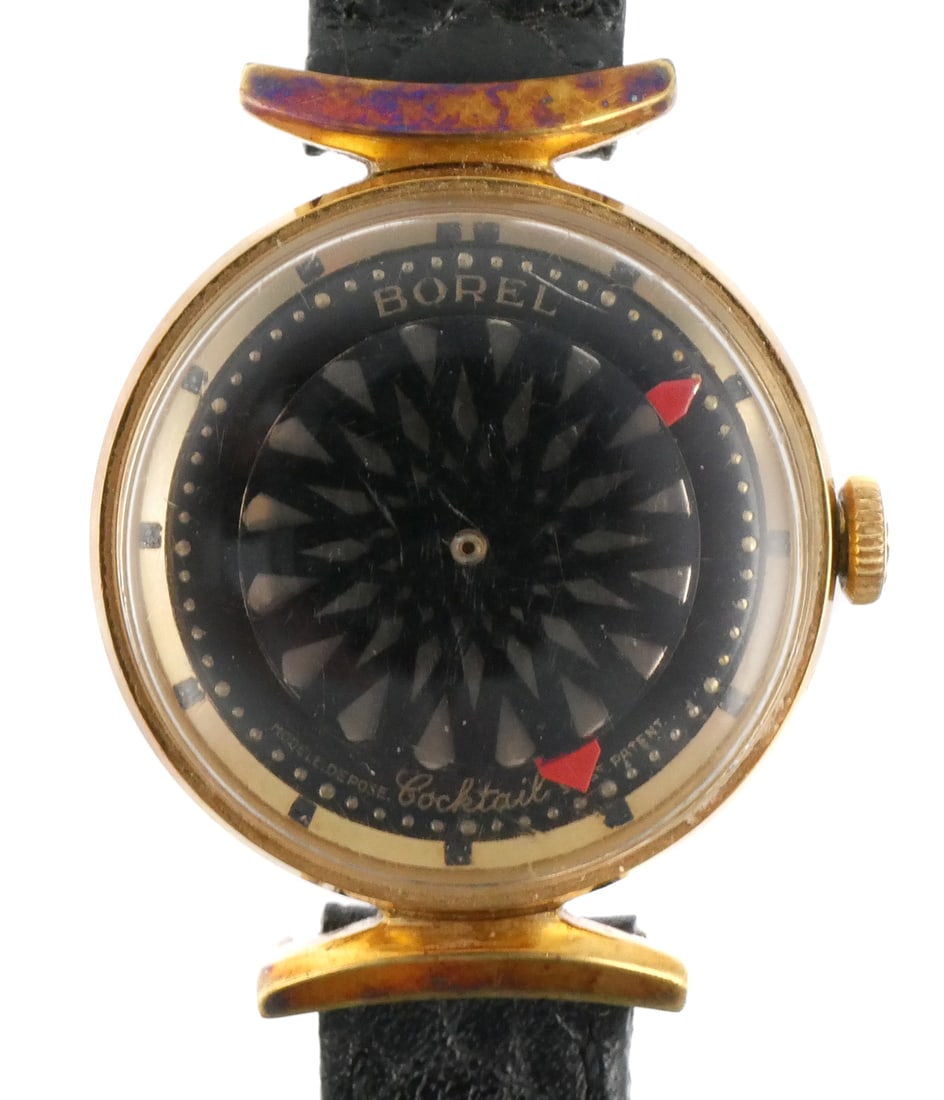 ERNEST BOREL Kaleidoscope Cocktail Watch: Vintage ladies Swiss made Ernest Borel kaleidoscope cocktail wristwatch. Watch features manual wind, mystery dial, signed crown, exhibition or skeleton case back and 17 jewel Synchron 26 movement. Gol