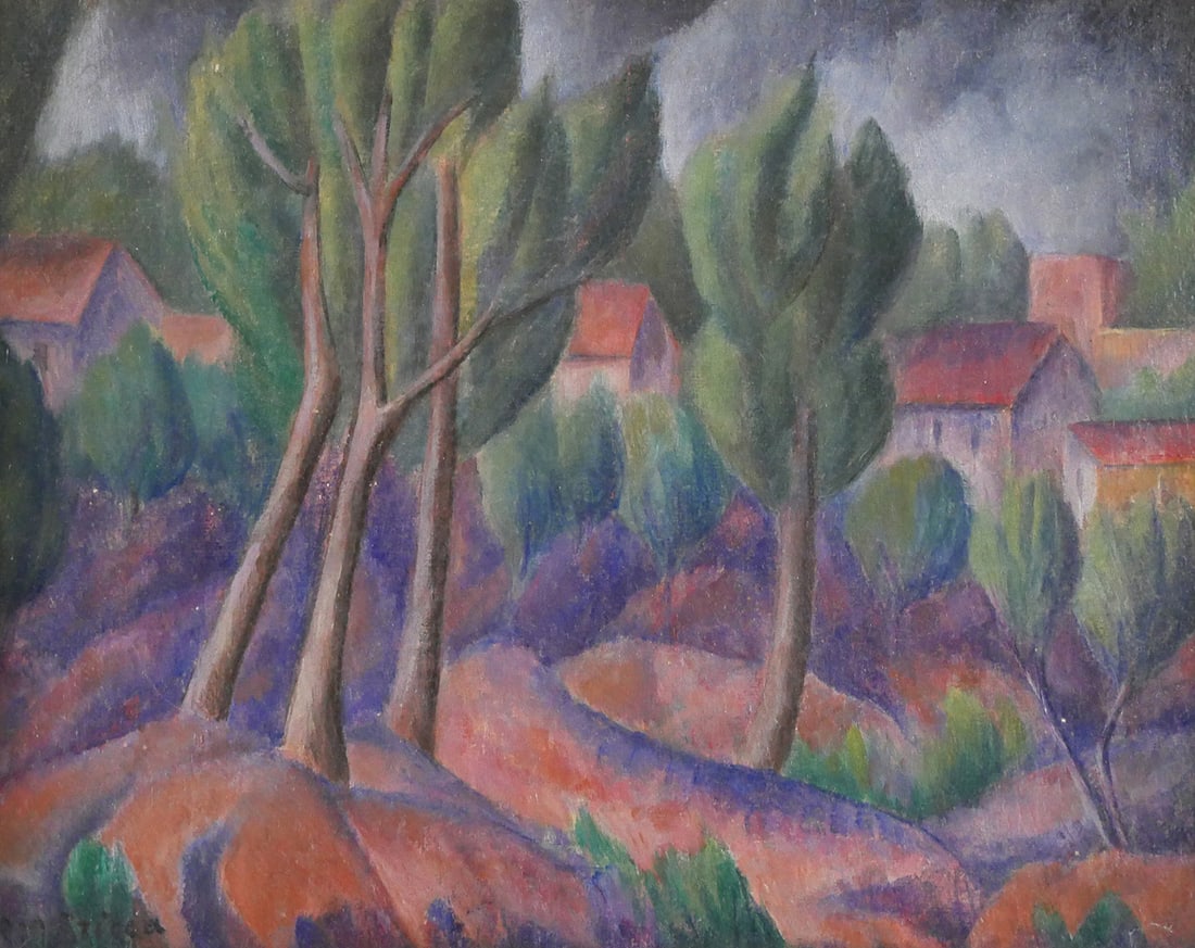 MARCO AURELIO TRICCA Landscape Painting: Oil on canvas painting of a landscape (Italy) with trees, hills and buildings in the background, impressionist in style by Marco Aurelio Tricca (1880-1969). Image measures 10-1/2" x 13-1/2", frame mea
