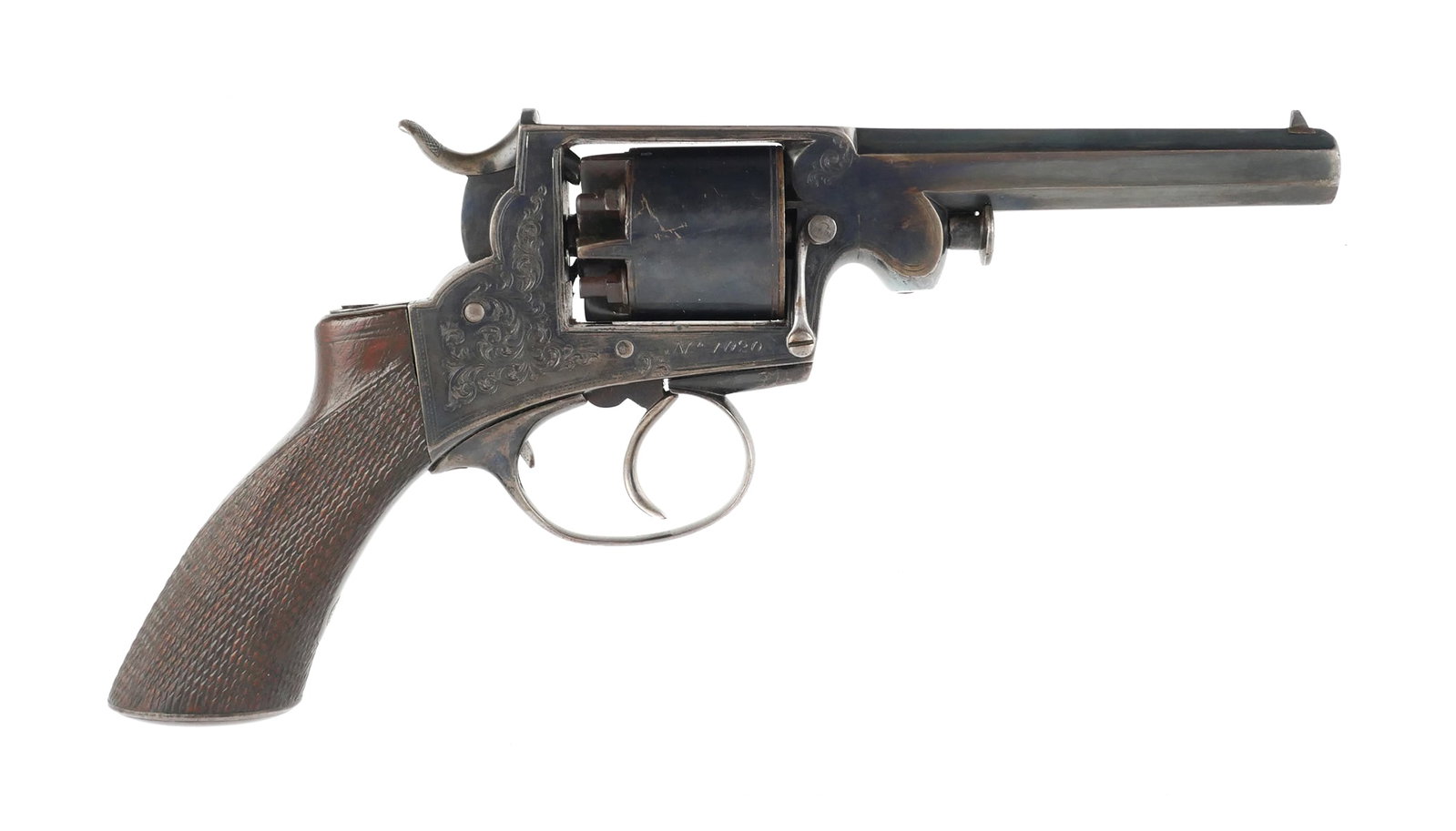 Birmingham ADAMS STYLE Revolver: English Adams style revolver. About .34 caliber. Serial #1020. Barrel measures 4". Capacity 5-shot. Birmingham proof marks on barrel. Left side is marked "Thomas Maker". Frame and barrel are two piece