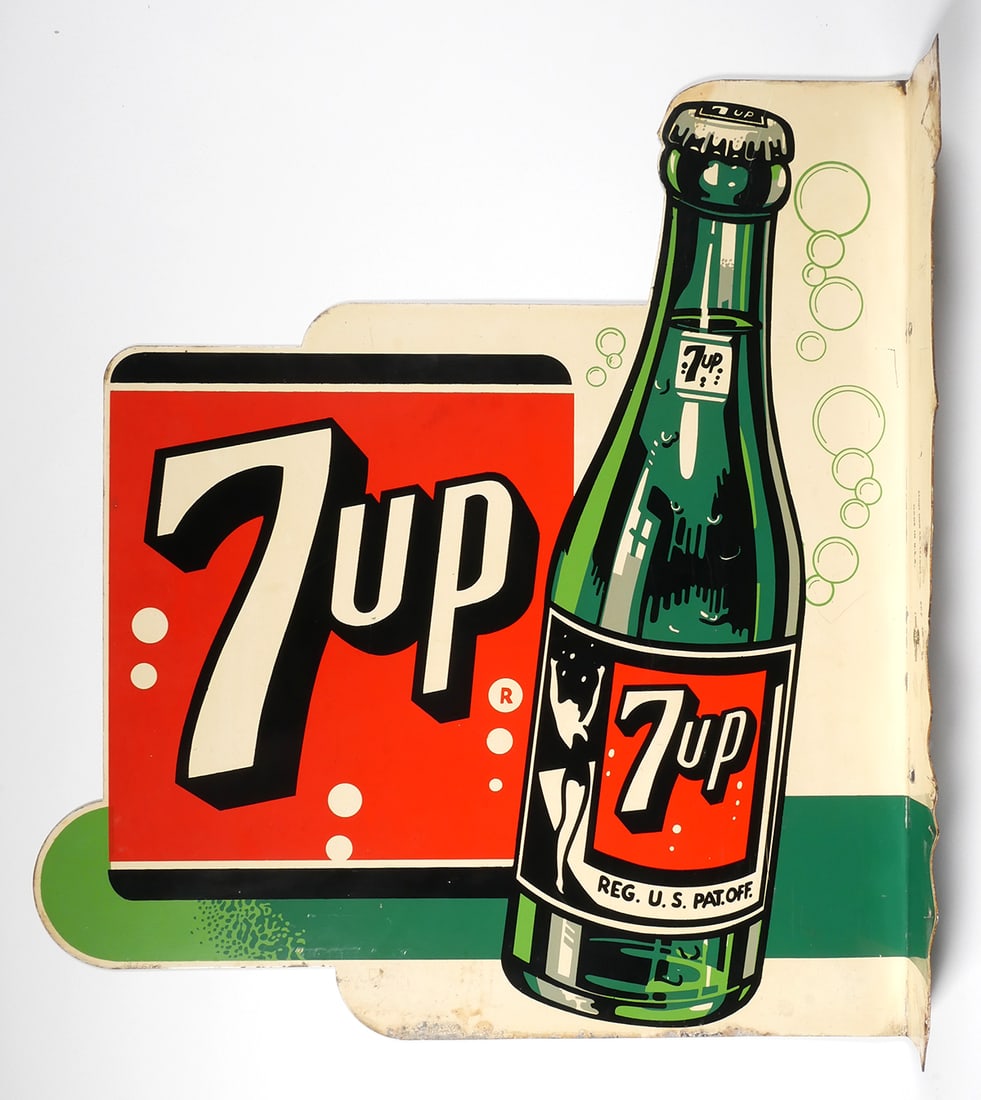 Vintage STOUT 7UP Metal Sign: 1950's double sided 7up soda pop advertising sign produced by Stout Sign Co. Saint Louis Mo. Sign is marked 20F 10-52 on flange. Sign measures 20" wide x 18" tall x 2". This item can be shipped in-hou