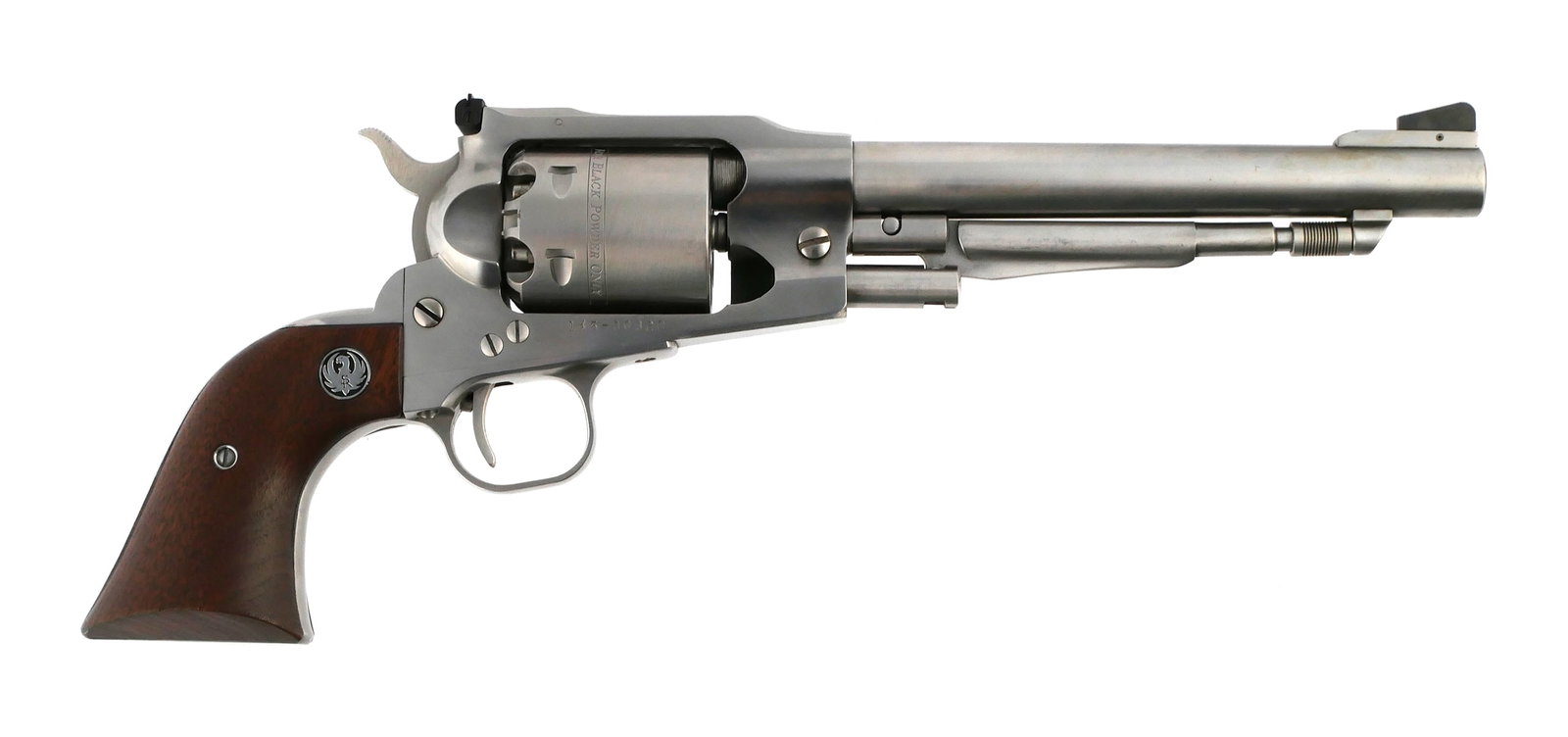 RUGER OLD ARMY Black Powder Revolver 44: Ruger Old Army Stainless Steel black powder single action revolver in .44 caliber. Serial #145-00320. Barrel measures approx. 7-1/2". Capacity: 6 shots. Appears unused in original box with instruction