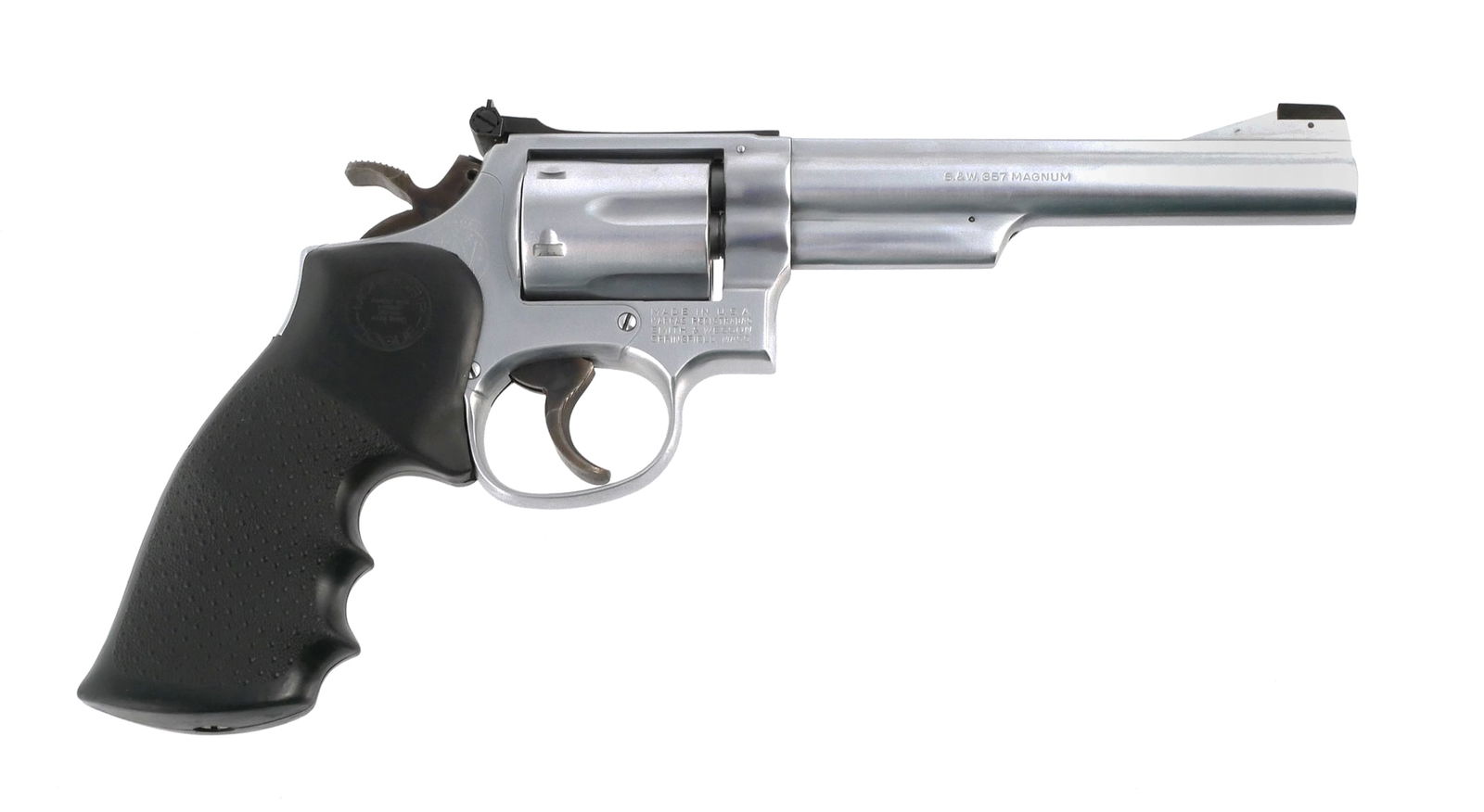 SMITH & WESSON Model 19-4 Revolver 357 Magnum: Smith and Wesson Stainless Combat Magnum Model 19-4 revolver in S&W .357 Magnum. Serial #64K5362, (1980). Barrel measures approx. 5-7/8". Capacity: 6 rounds. S&W blue 2-piece cardboard box included. T