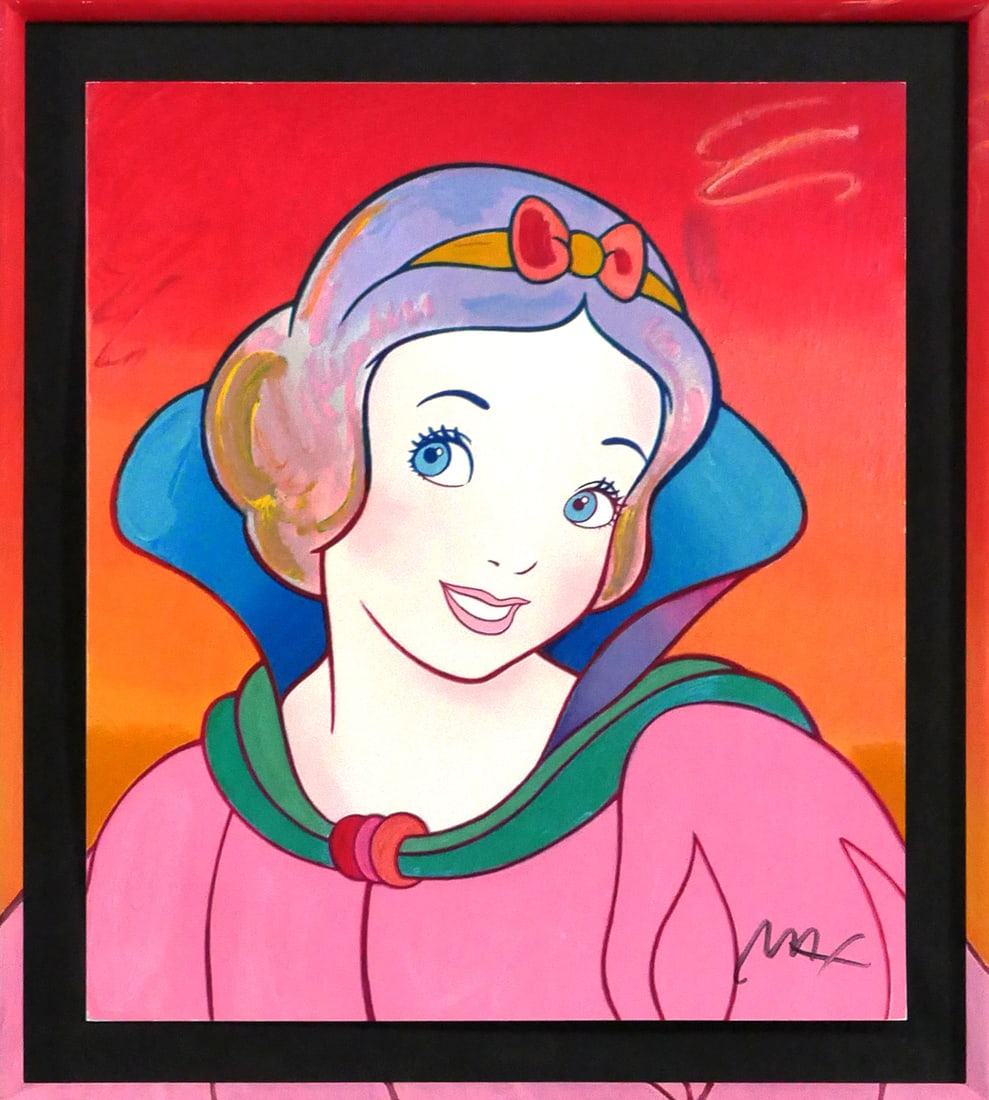 PETER MAX, Snow White, Lithograph: Peter Max (German/American, b. 1937). Snow White, lithograph in colors, circa 1995. Signed in marker at lower right. Publishers blindstamps at lower left corner. Sheet size is 16" x 14", framed to 25"