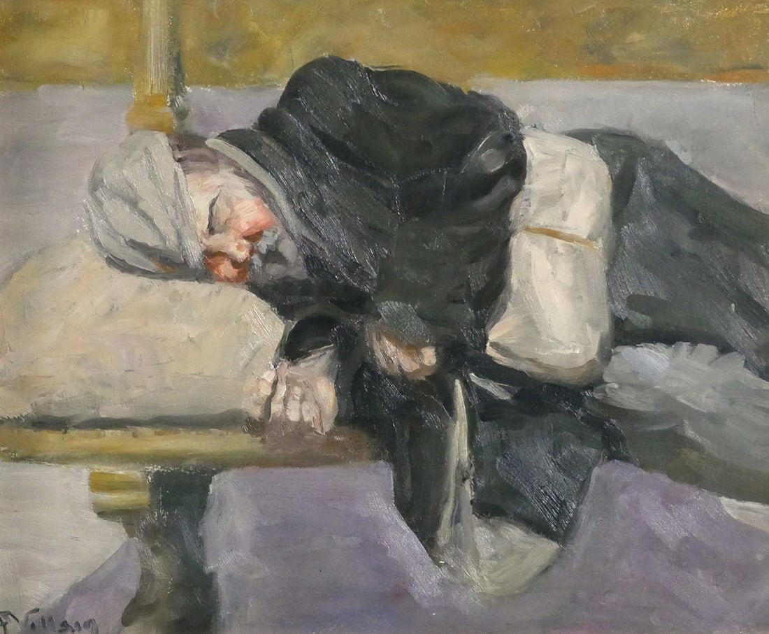 Pierre Villain (French, 1880-1950) O/B: Oil on board painting of a man sleeping on a bench. Signed "Pierre Villain" in lower left corner. Painting measures 14" high x 17-3/8" visible in 18-1/2" high x 21-5/8" frame. Strongly rooted in Europ