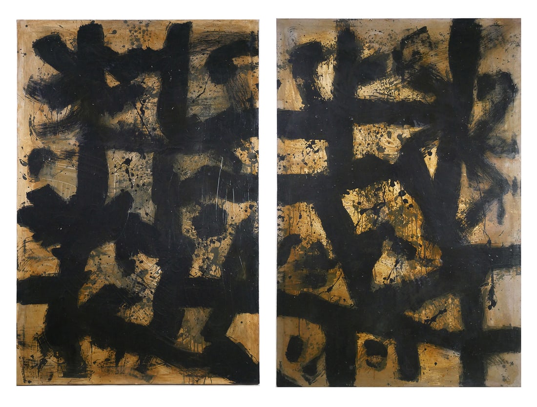 Abstract 72" Modern Diptych, Illegibly Signed: Large two-piece oil on canvas paintings in the manner of Michael Tracy, each one illegibly signed on verso. One is titled "Ten." Each measures six feet high by four feet wide. Several well-known artis