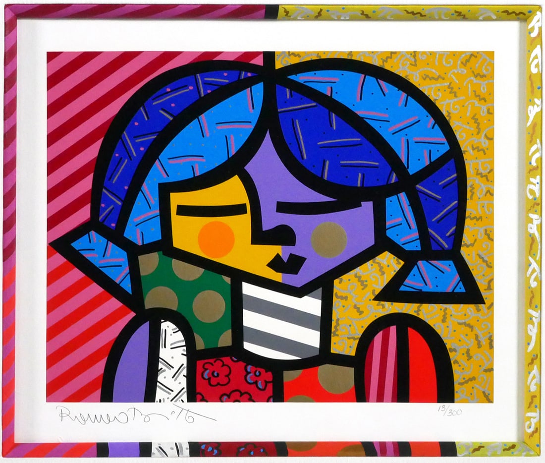 ROMERO BRITTO, Signed Serigraph: Romero Britto (Brazilian, b. 1963). Serigraph of girl, matted and framed, with hand-colored quarter-round mat border matching print. Signed and numbered 13 of 300. Sight size 11" x 14" framed to 24" x