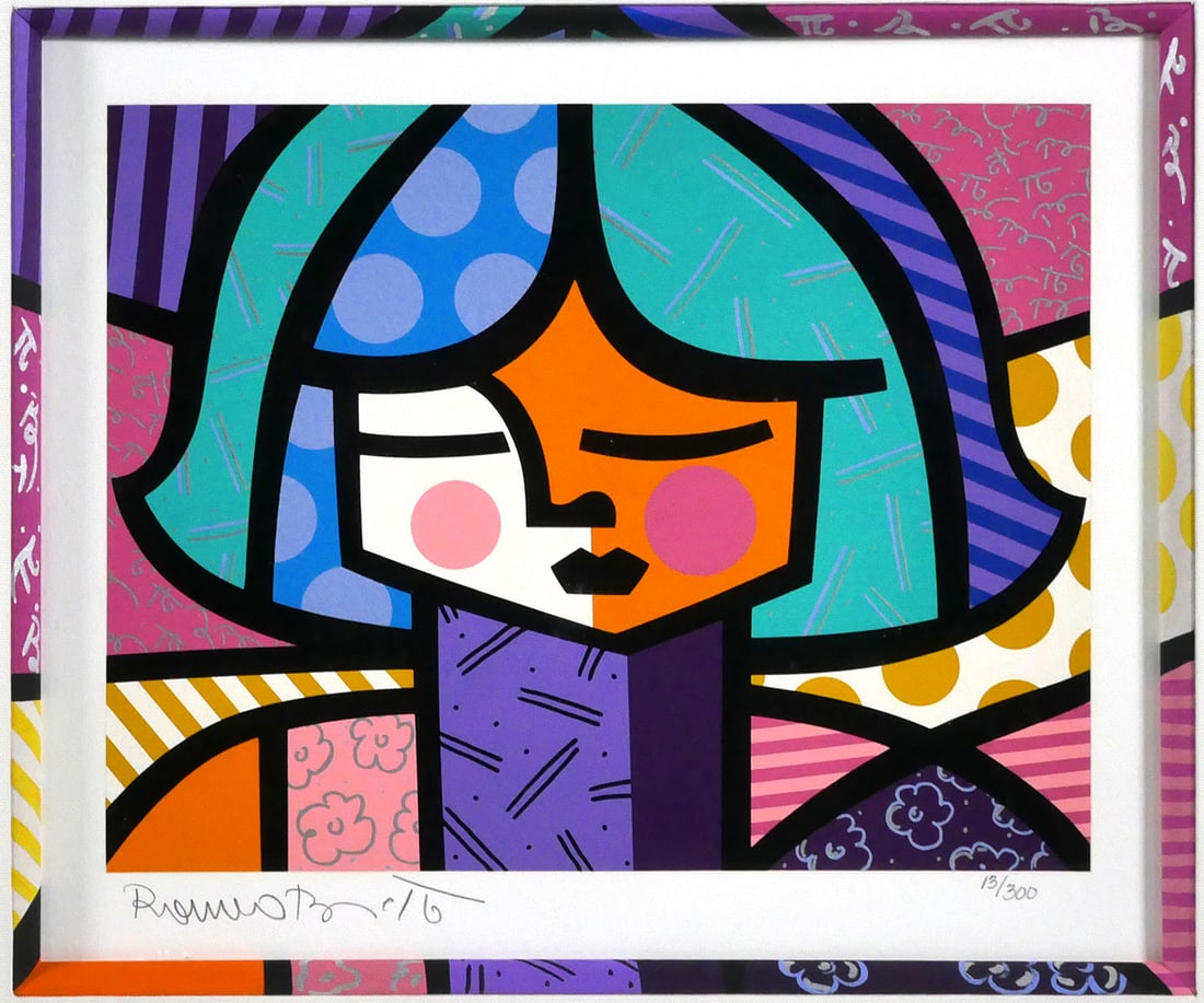 ROMERO BRITTO, Signed Serigraph: Romero Britto (Brazilian, b. 1963). Serigraph of girl, matted and framed, with hand-colored quarter-round mat border matching print. Signed and numbered 13 of 300. Sight size 11" x 14" framed to 24" x