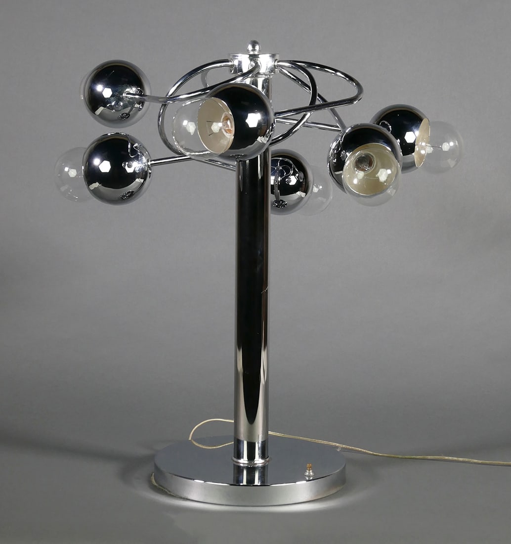 ROBERT SONNEMAN Chrome MCM Lamp: Midcentury Modern six-light chrome lamp, unsigned. Attributed to Robert Sonnemann. Measures 27" high. One of several from a private collection of Sonnemann lamps in today's auction. This item will nee