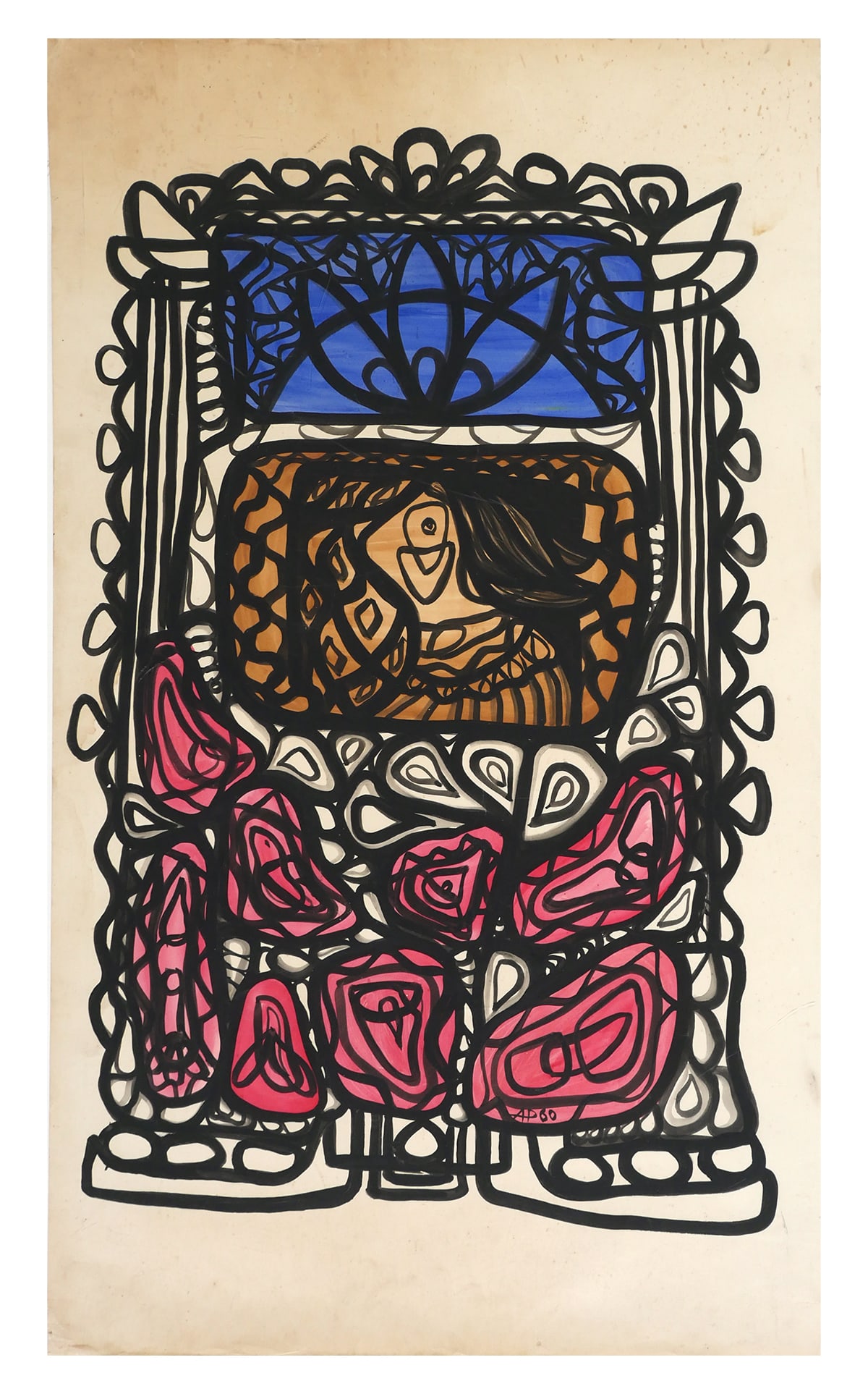 AMELIA PALAEZ Gouache Painting: Gouache on paper painting by artist Amelia Pelaez (Cuban, 1896-1968), the title is "Muchacha en Interior" signed with initials AP '60 lower right in artwork, includes COA from Carlos M. Luis, Miami. P