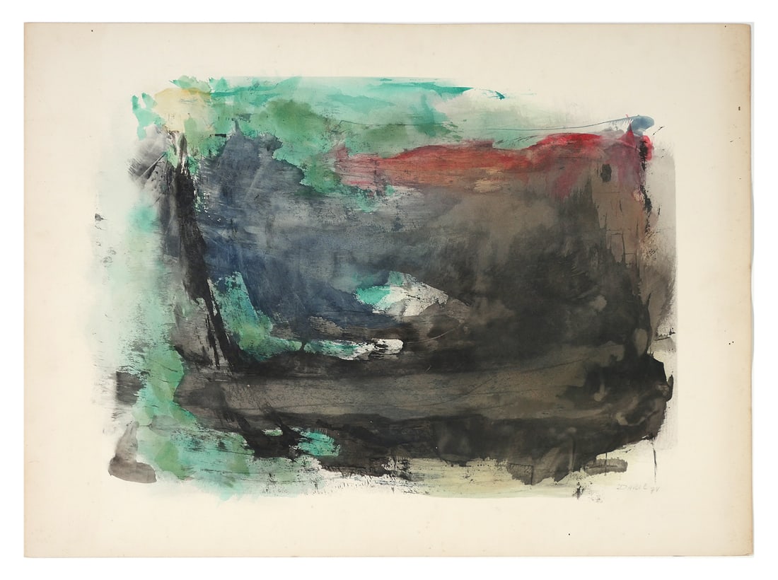 SANDU DARIE LAVER Watercolor Painting: Abstract composition, watercolor on paper, included is a 2013 COA from Pedro de Oraa that identifies the artist as Cuban artist Sandu Darie Laver (1908-1981). Paper measures 30" x 22". This item will 